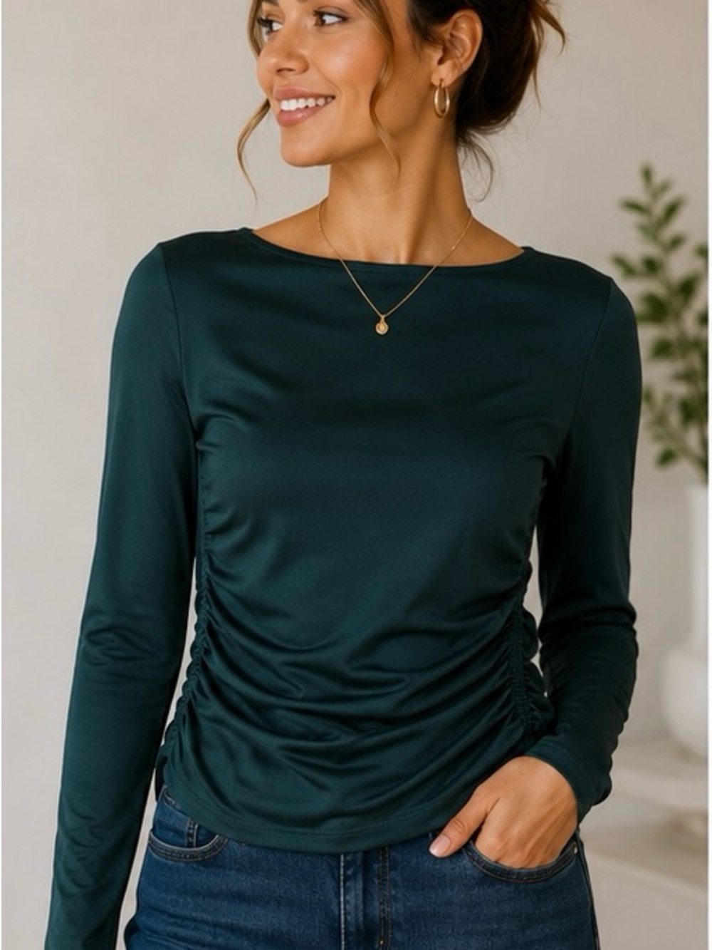 Gaze Forest Green Ruched Elegant Stretchy Top | Size L (fits S/M)